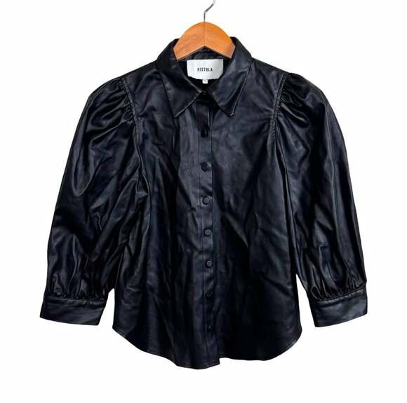 PISTOLA Tops - Pistola Women’s Black Faux Leather Puff Sleeve Collared Button Up Shirt XS